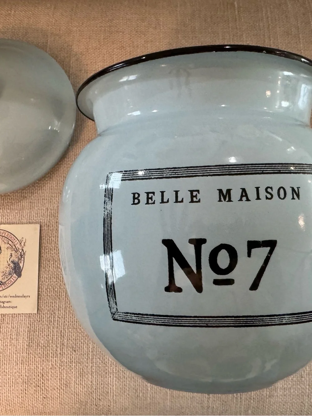Victorian Trading Belle Robins egg Maison No 7 White Enamel Ware Jar